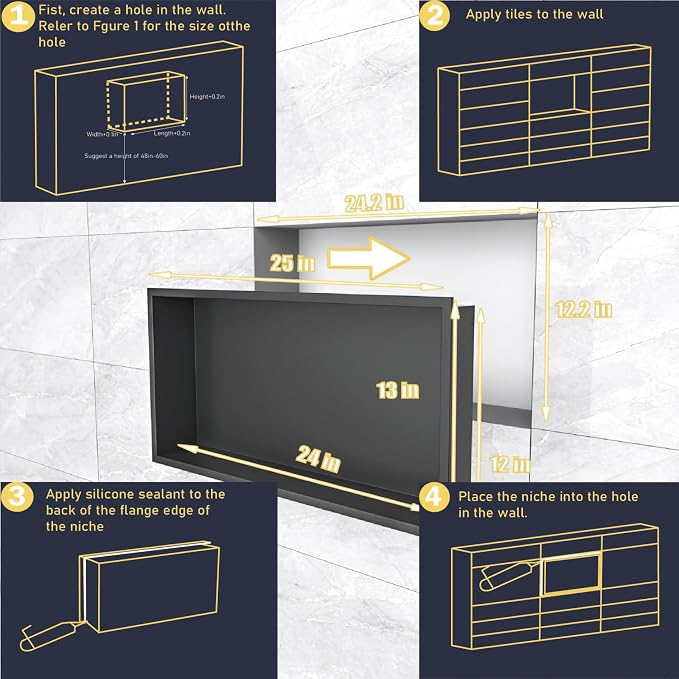 Shower Niche 24"x12"，No Tile Needed，Stainless Steel Niche Bathroom for Shower Wall，Matte Black （ 24 x 12 in）