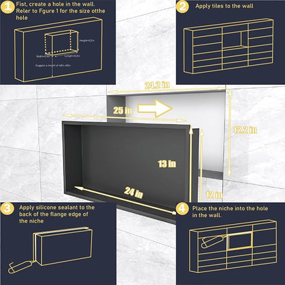 Shower Niche 24"x12"，No Tile Needed，Stainless Steel Niche Bathroom for Shower Wall，Matte Black （ 24 x 12 in）