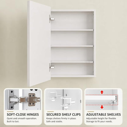 Buruis 24 x 30 Inch Bathroom Wood Medicine Cabinet Mirror, White | Fully Assembled Design, Adjustable Glass Shelves, Soft-Close Hinges, Bathroom Storage Organizer, Left/Right Opening
