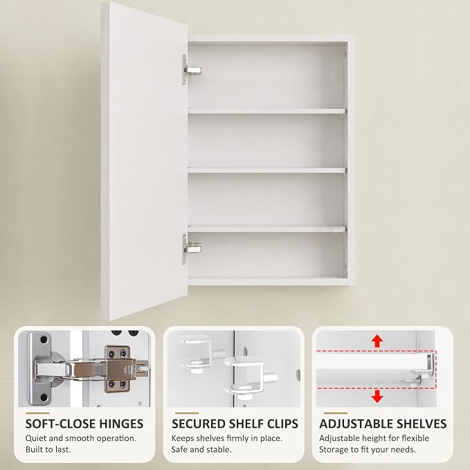 Buruis 20 x 28 Inch Bathroom Wood Medicine Cabinet Mirror, White | Fully Assembled Design, Adjustable Glass Shelves, Soft-Close Hinges, Bathroom Storage Organizer, Left/Right Opening