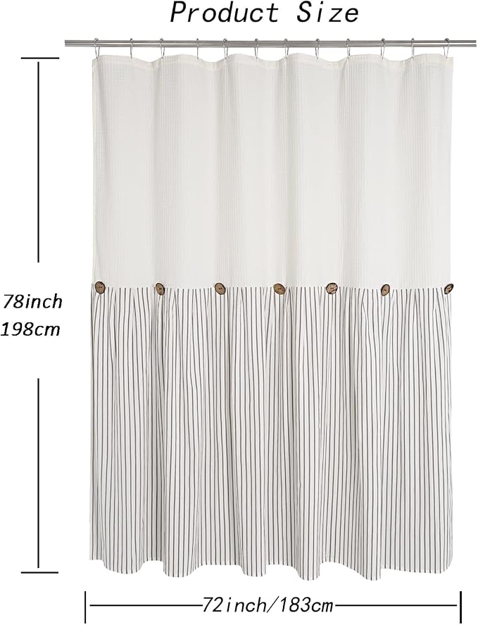 DOSLY IDÉES Farmhouse Shower Curtain,Beige and Gray Striped,Button Curtain,Spa Waffle and Cotton Woven Fabric,Rustic Charm Country Chic Style,72x78 in