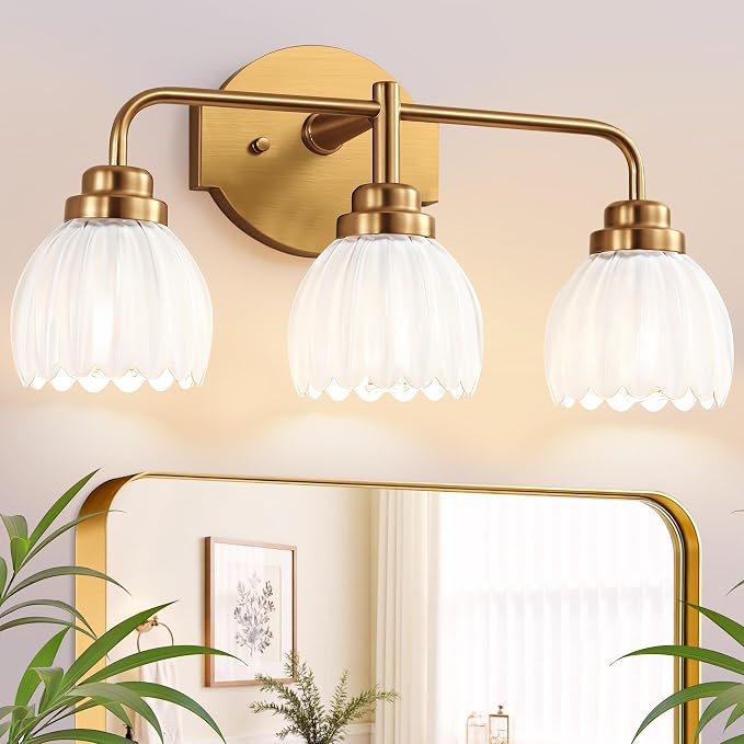 maesta Gold Broom Light Fixture,3 Light Vintage Vanity Light Over Mirror | Vintage Vanity Light, Brushed Gold Metal & Milk White Glass Shades, Anti-Rust, Easy to Install for Bathroom Hallway Bedroom
