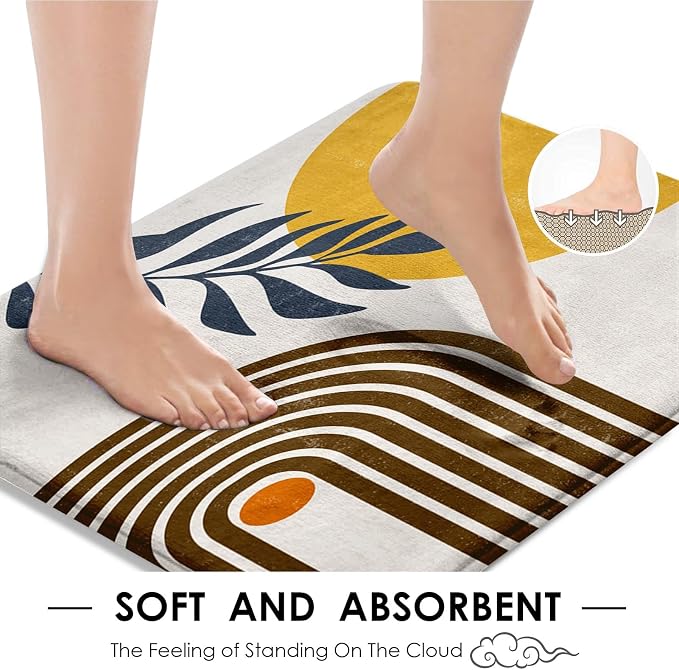 Bathroom Sets with Shower Curtain and Rugs, 4 Pcs, Boho Midcentury | Sun Minimalist Abstract Bathroom Decor Set with Toilet Lid Cover, Non-Slip Bath Mats and Accessories 12 Hooks