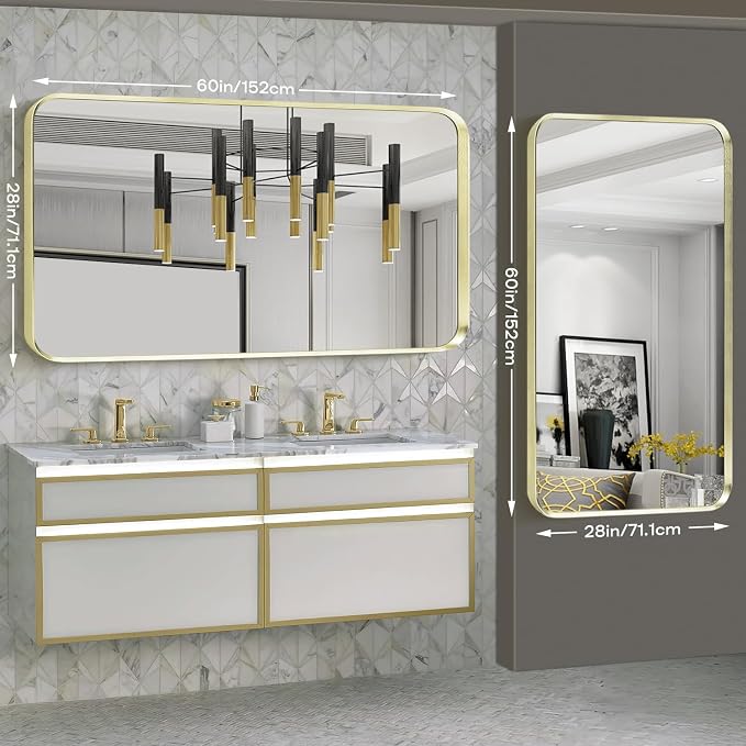 Gold Bathroom Mirror 28x60in, Metal Framed Rounded Rectangle Wall | Tempered Glass, Anti-Rust Frame, Hangs Horizontal or Vertical, HD Reflection Clarity