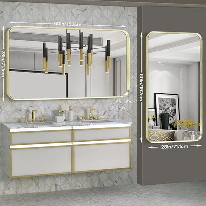 Gold Bathroom Mirror 28x60in, Metal Framed Rounded Rectangle Wall | Tempered Glass, Anti-Rust Frame, Hangs Horizontal or Vertical, HD Reflection Clarity