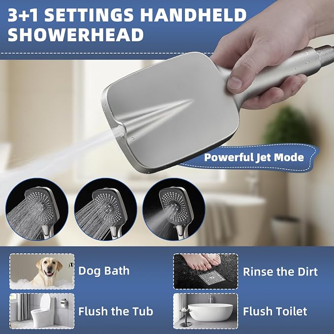 12" High Pressure Rain/Rainfall Shower Heads With Handheld Spray Combo (3+1 Settings & Built-in Power Wash Mode), Double/Dual Shower Head With Handheld - Height/Angle Adjustable(Brushed Nickel)