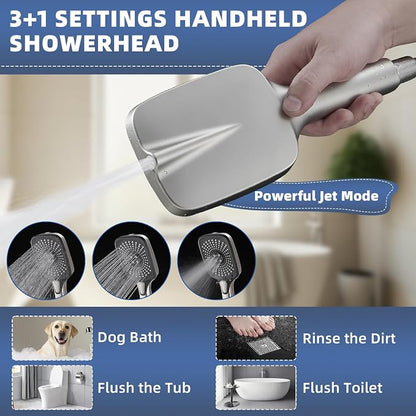 12" High Pressure Rain/Rainfall Shower Heads With Handheld Spray Combo (3+1 Settings & Built-in Power Wash Mode), Double/Dual Shower Head With Handheld - Height/Angle Adjustable(Brushed Nickel)