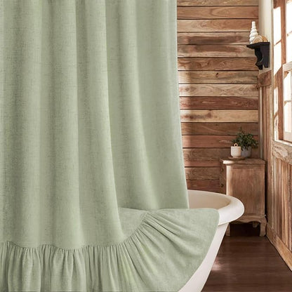 Farmhouse Shower Curtain Ruffle Linen Flax Green 72" W x 78" L | Linen Fabric, Farmhouse Boho, Bottom Ruffle, Rustic, Country, Natural Look, Washable, Shower Curtain for Bathroom Bathtub
