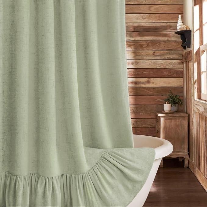 Farmhouse Shower Curtain Ruffle Linen Flax Green 72" W x 84" L | Linen Fabric, Farmhouse Boho, Bottom Ruffle, Rustic, Country, Natural Look, Washable, Shower Curtain for Bathroom Bathtub