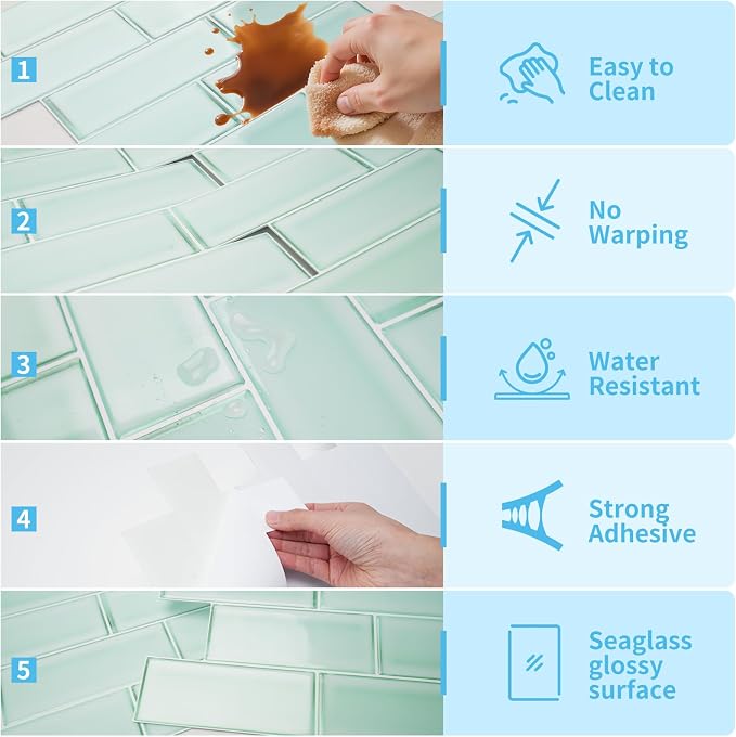 Art3d Seaglass Subway Design Peel and Stick Backsplash, 10-Pack, Aqua Green | 12 x 12 Inch, Water Resistant, Durable, Easy to Installation, Coastal Style, for Modern Home Decor, Kitchen, Home Improvement