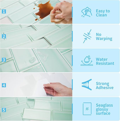 Art3d Seaglass Subway Design Peel and Stick Backsplash, 10-Pack, Aqua Green | 12 x 12 Inch, Water Resistant, Durable, Easy to Installation, Coastal Style, for Modern Home Decor, Kitchen, Home Improvement