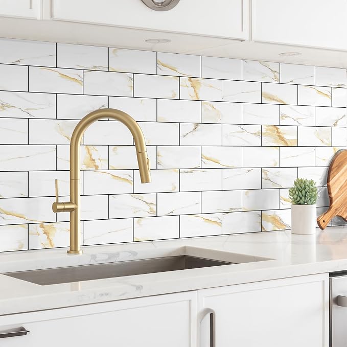 StyloVue 100 Pieces Peel and Stick Backsplash for Kitchen, 3" x 6" PVC Subway Tile Upgraded Calacatta Gold with Dark Gray Grout Backsplash Stick on Tile Elevate Kitchen, Bathroom, Fireplace,RV