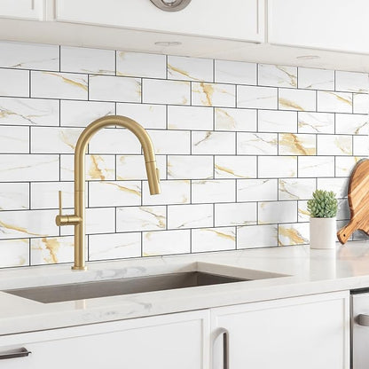 StyloVue 100 Pieces Peel and Stick Backsplash for Kitchen, 3" x 6" PVC Subway Tile Upgraded Calacatta Gold with Dark Gray Grout Backsplash Stick on Tile Elevate Kitchen, Bathroom, Fireplace,RV