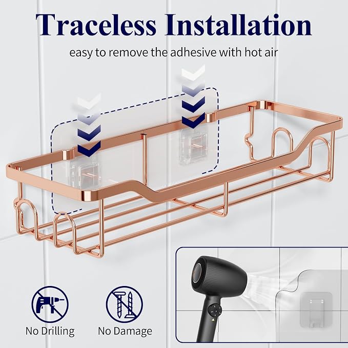 Kitsure Shower Caddy, Adhesive Shower Organizer, Large, Rose Gold | Stainless Steel Shelf for Inside Shower, No Drill Bathroom Organizers and Storage, Home Decor Accessories