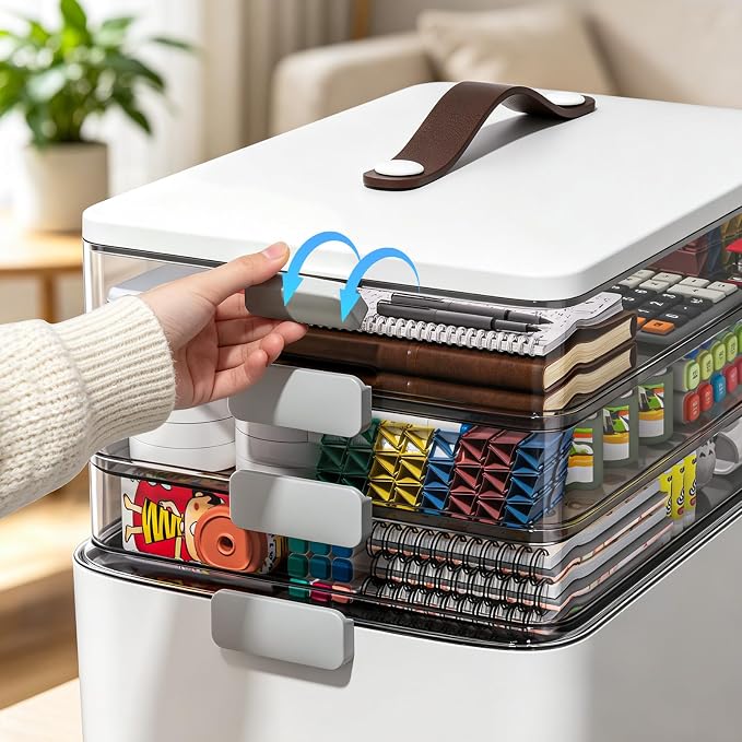MOPUP 4-Tier Medicine Craft,Sewing,Art,Organizer Storage,Portable Latch Bin with Lid and Leather Handle,Pill Bottle, First Aid,Multipurpose Organizer with Removable Tray,A Household Essential