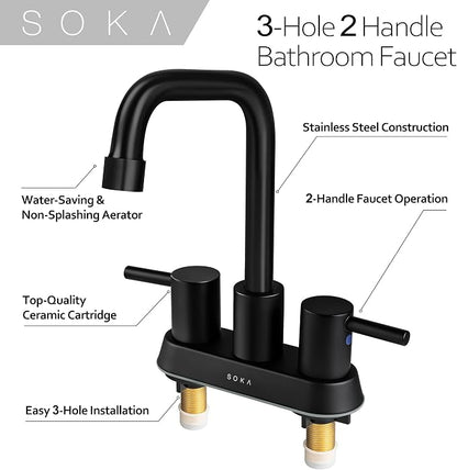 SOKA Centerset Bathroom Faucet 2 Handles 4 Inch Commercial Hand Sink Touch Faucets 3 Hole Bathroom Sink Faucet