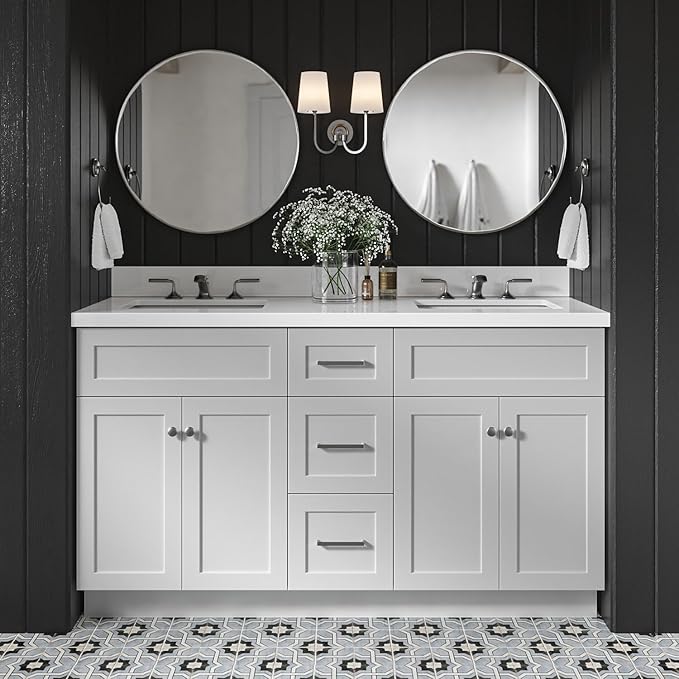DKB Bradford 60" Grey Double Bathroom Vanity with 1.5" Pure White Quartz Countertop, Rectangular Undermount Sinks, 2 Soft Closing Doors, 3 Dovetail Drawers, Brushed Nickel