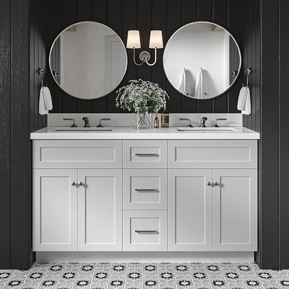 DKB Bradford 60" Grey Double Bathroom Vanity with 1.5" Pure White Quartz Countertop, Rectangular Undermount Sinks, 2 Soft Closing Doors, 3 Dovetail Drawers, Brushed Nickel