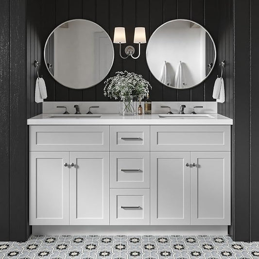 DKB Bradford 60" Grey Double Bathroom Vanity with 1.5" Pure White Quartz Countertop, Rectangular Undermount Sinks, 2 Soft Closing Doors, 3 Dovetail Drawers, Brushed Nickel