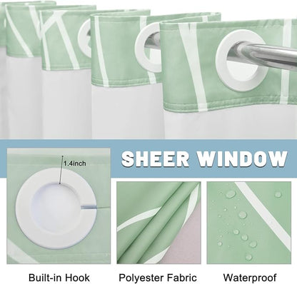 No Hook Ombre Green Striped Shower Curtain with Snap in Liner Set - Hotel Shower Curtain and Liner Set with See Through Mesh Top Window,Machine Washable, 71x74 INCH