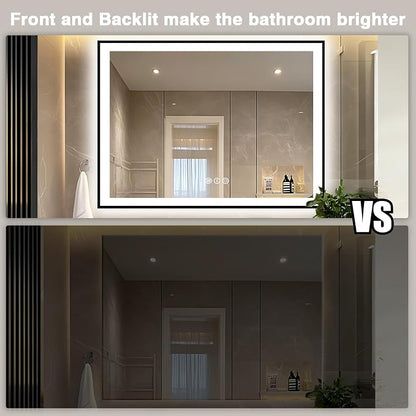 EchosLife 51x40 Bathroom Light up Mirror, Black Framed Double Lights Mirror | Black Frame, Front and Backlit, Anti-Fog, Stepless Dimmable, 3 Colors, Memory, Tempered Glass, UL Listed, Horizontal/Vertical