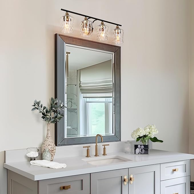 KSANA 28" Large Bathroom Vanity Lights, 4 Light Mid-Century Modern Vanity Light with Textured Glass Shade Black and Electroplated Brass Bathroom Light Fixtures for Hallway, Entryway