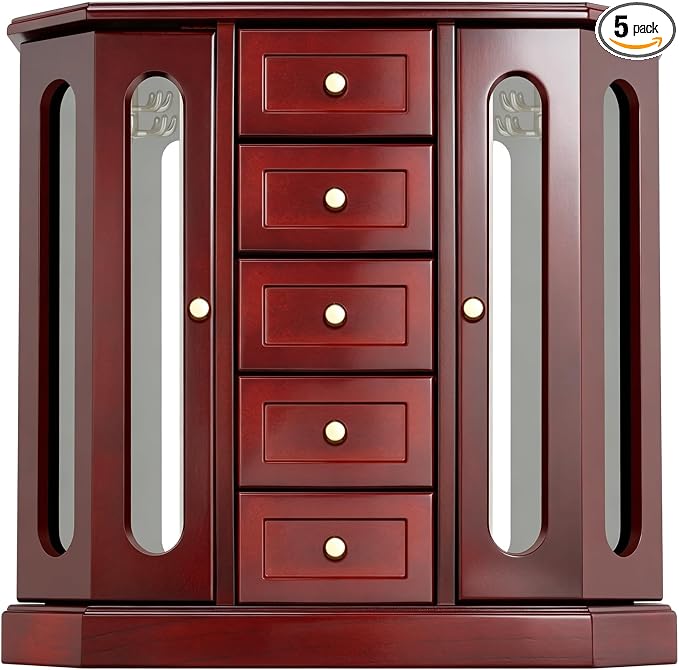 RR ROUND RICH DESIGN Vintage Jewelry Armoire with Mirror Brown | - Solid Wood Jewelry Box Organizer with 5 Drawers & 2 Glass Doors - Large Capacity Desktop Dresser Case