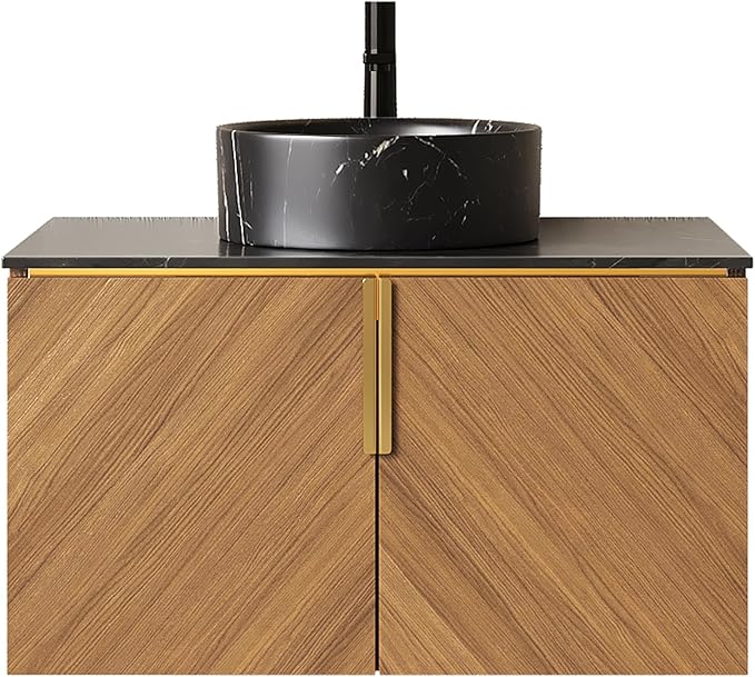 30" Floating Bathroom Vanity with Sink Combo, Modern Vanity with Vessel Sink, Wall-Mounted Bathroom Vanity Cabinet with Doors, Black Countertop and Black Round Ceramic Basin,Brown Oak