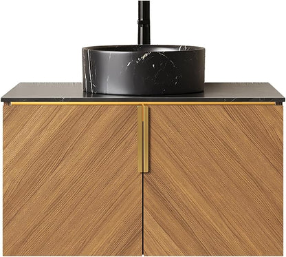 30" Floating Bathroom Vanity with Sink Combo, Modern Vanity with Vessel Sink, Wall-Mounted Bathroom Vanity Cabinet with Doors, Black Countertop and Black Round Ceramic Basin,Brown Oak