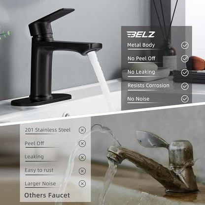 BELZ Black Bathroom Faucet, Lead-Free 1 or 3 Hole (4") Vanity Sink Faucet | NSF372 Compliant, Anti-corrosion Coating, 6'' Single Handle Sink Faucet with pop-up drain & hot/cold hoses, Easy DIY Install
