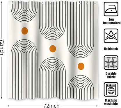 Boho Mid Century Shower Curtain, Modern Abstract Arch Sun Ivory Machine Washable Waterproof Polyester for Bathroom Bathtub with 12 Hooks 72x72