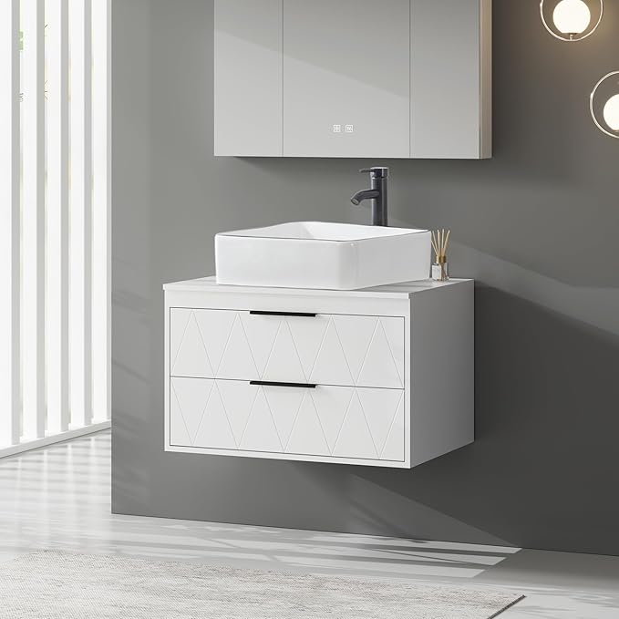 eclife 30" Floating Bathroom Vanities with Sink Combo, Wall Mounted Modern Cabinet W/Diamond Line Pattern Design, White Black Ceramic Vessel Sink W/Water Save Faucet & Pop Up Drain, White