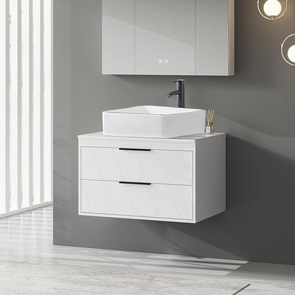 eclife 30" Floating Bathroom Vanities with Sink Combo, Wall Mounted Modern Cabinet W/Diamond Line Pattern Design, White Black Ceramic Vessel Sink W/Water Save Faucet & Pop Up Drain, White