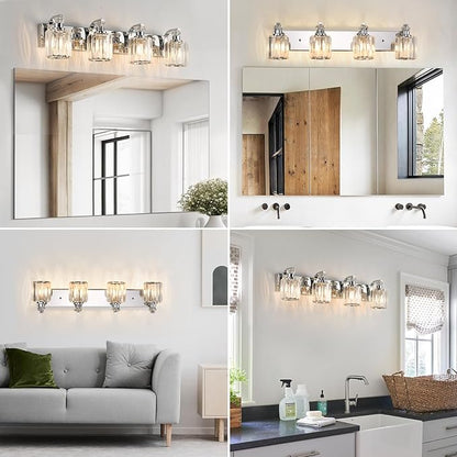 Chrome Bathroom Light Fixtures with K9 Crystal Lampshade Bathroom Lighting Over Mirror Vanity Lights for Living Room,Bedroom,Restroom,Hallway 4 Lights
