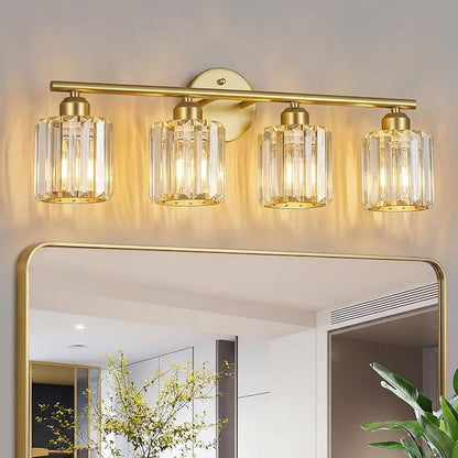 Modern 4 Light Crystal Vanity Light, Gold Vertical Bathroom Light Fixture Over Mirror for Dressing Table Sink, Compatible with Dimmable Bulbs (Bulbs Not Included)