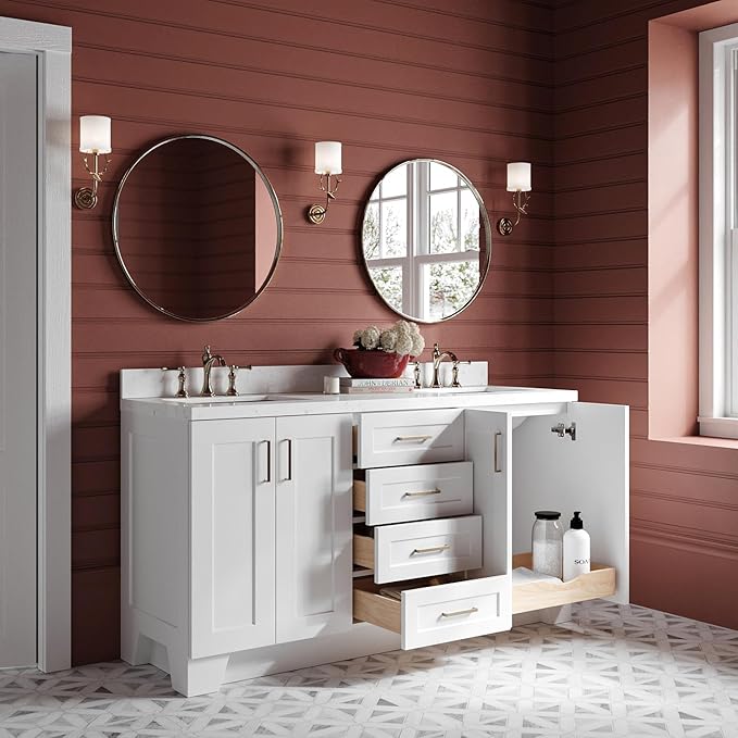 ARIEL Taylor 66-inch Bathroom Vanity with Sink,Solid Wood, 1.5-inch Carrara White Quartz Countertop & Backsplash, Double Rectangular Porcelain Sink, 4 Soft Closing Doors, 5 Dovetail Drawers, White
