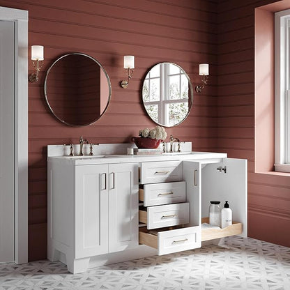 ARIEL Taylor 66-inch Bathroom Vanity with Sink,Solid Wood, 1.5-inch Carrara White Quartz Countertop & Backsplash, Double Rectangular Porcelain Sink, 4 Soft Closing Doors, 5 Dovetail Drawers, White