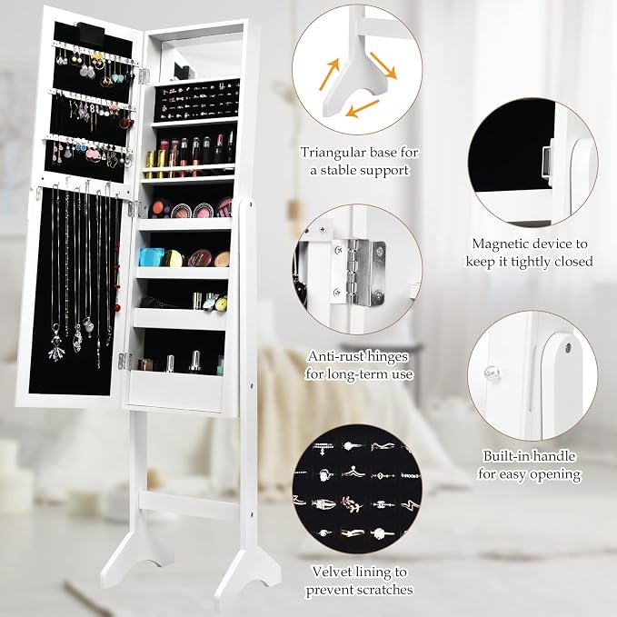 NAFORT 18 LED Lights Standing Mirror Jewelry Cabinet, Large Storage Mirror Full Length, Jewelry Armoire with Lipstick Holders, Shelves, Earring Notches, Inside Makeup Mirror (White)