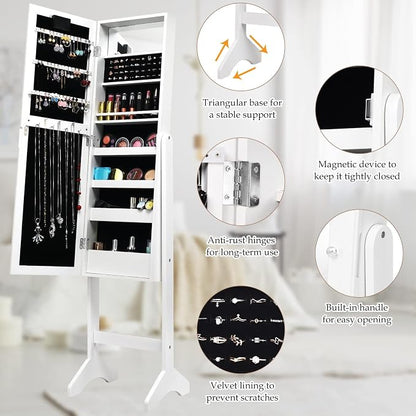 NAFORT 18 LED Lights Standing Mirror Jewelry Cabinet, Large Storage Mirror Full Length, Jewelry Armoire with Lipstick Holders, Shelves, Earring Notches, Inside Makeup Mirror (White)