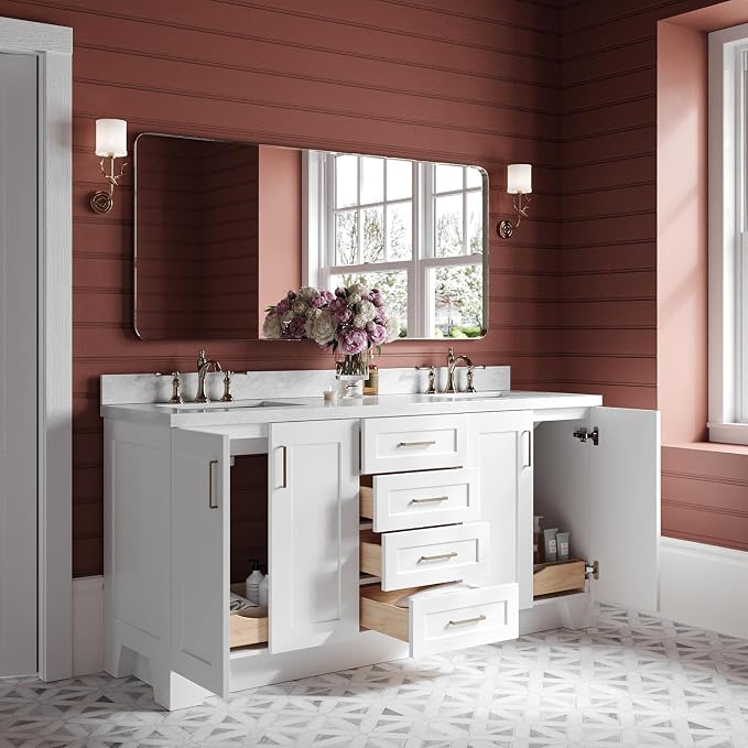 ARIEL 73" White Double Vanity, 1.5" Edge Italian Carrara Marble Countertop & Splash, Rectangular Sink, 4 Soft Closing Doors, 6 Full Extension Dovetail Drawers, Toe Kick, Satin Brass