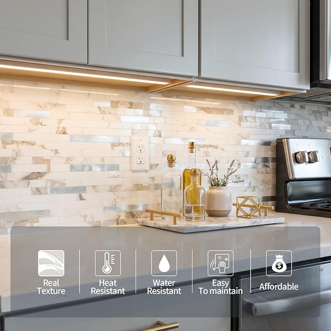 Yipscazo 2026 New Upgrade Peel and Stick Backsplash, Stick on Backsplash Tiles for Kitchen, Bathroom, Fireplace (10 Sheets, Polished White with Gold)
