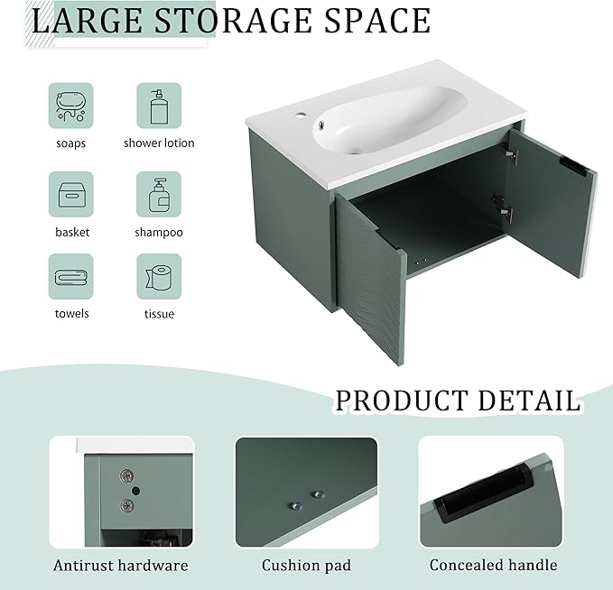 SSLine Modern 30" Floating Bathroom Vanity with Sink Wall Mounted Bathroom Vanity with Top Basin & Storage Cabinet 30-Inch Green Wave Bath Vanity w/Drop-Shaped Resin Sink for Small Space