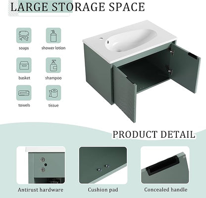 SSLine Modern 30" Floating Bathroom Vanity with Sink Wall Mounted Bathroom Vanity with Top Basin & Storage Cabinet 30-Inch Green Wave Bath Vanity w/Drop-Shaped Resin Sink for Small Space