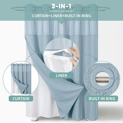 eachope No Hook Waffle Shower Curtain with Snap-in Liner, 71x77 Inch, Teal | 230 GSM waffle weave fabric, waterproof liner set with 2 bottom magnets, mesh top window, washable, for bathroom or hotel use