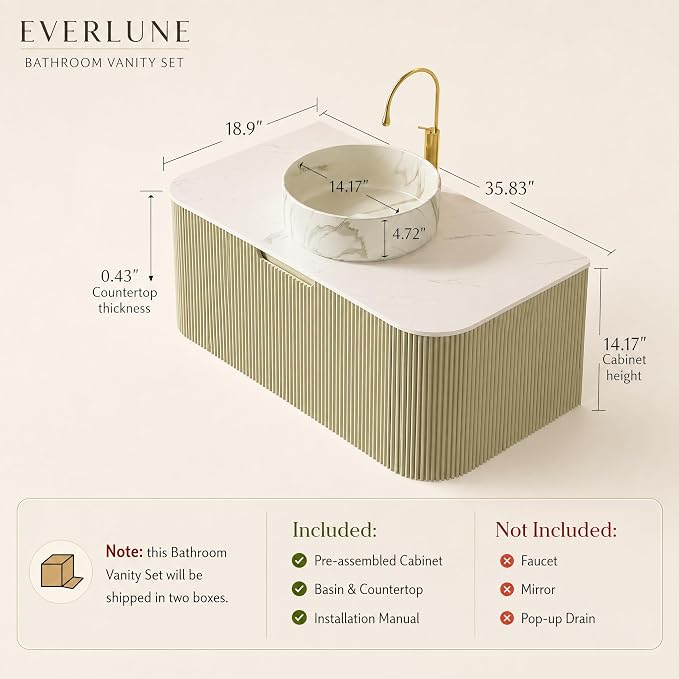 36 Inch Bathroom Vanity with Sink, Floating Wall Mounted Single Sink Vanity, Sage Green Curved Fluted Front, Stone Top, Marble-Look Round Vessel Basin, Pre-Assembled