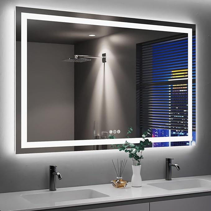 LED Bathroom Mirror 55"X40" with Front Light and Backlit | Stepless Dimmable, Anti-Fog, Shatter-Proof, HD Reflection, Memory, 3 Colors Lighting, UL Listed (Horizontal/Vertical).
