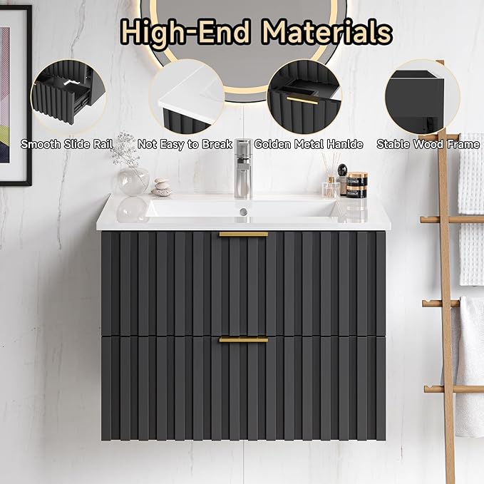 ONBRILL 24 Inch Bathroom Vanity with Sink Combo, Floating Bathroom Vanity with 2 Fluted Drawers & Metal Handle, Modern Wall Mount Storage Cabinet with Ceramic Integrated Sink for Small Space (Black)