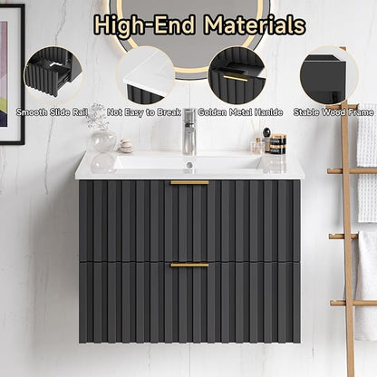 ONBRILL 24 Inch Bathroom Vanity with Sink Combo, Floating Bathroom Vanity with 2 Fluted Drawers & Metal Handle, Modern Wall Mount Storage Cabinet with Ceramic Integrated Sink for Small Space (Black)