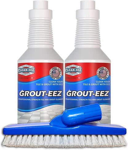 Clean-eez Grout Cleaner 4 Pack with Stand-Up Brush Attachment - Stain Remover Heavy-Duty Scrubber - Bathroom Shower Ceramic Porcelain Tile & Grout Only - Easy Control Flip Top Cap - 32 oz.