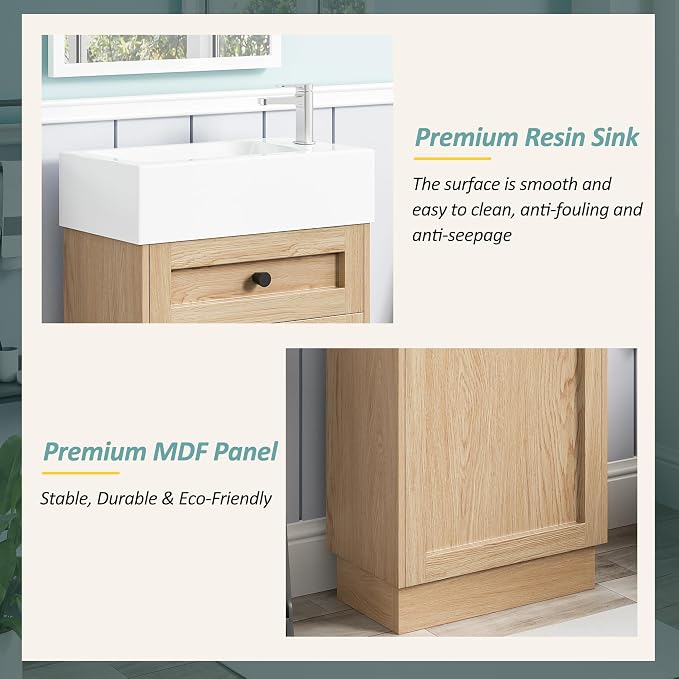 Merax Modern Rustic 18.5'' Bathroom Vanity with Resin Sink, Solid Wood Bathroom Storage Cabinet with Adjustable Shelf & Reversible Door for Small Spaces, Natural